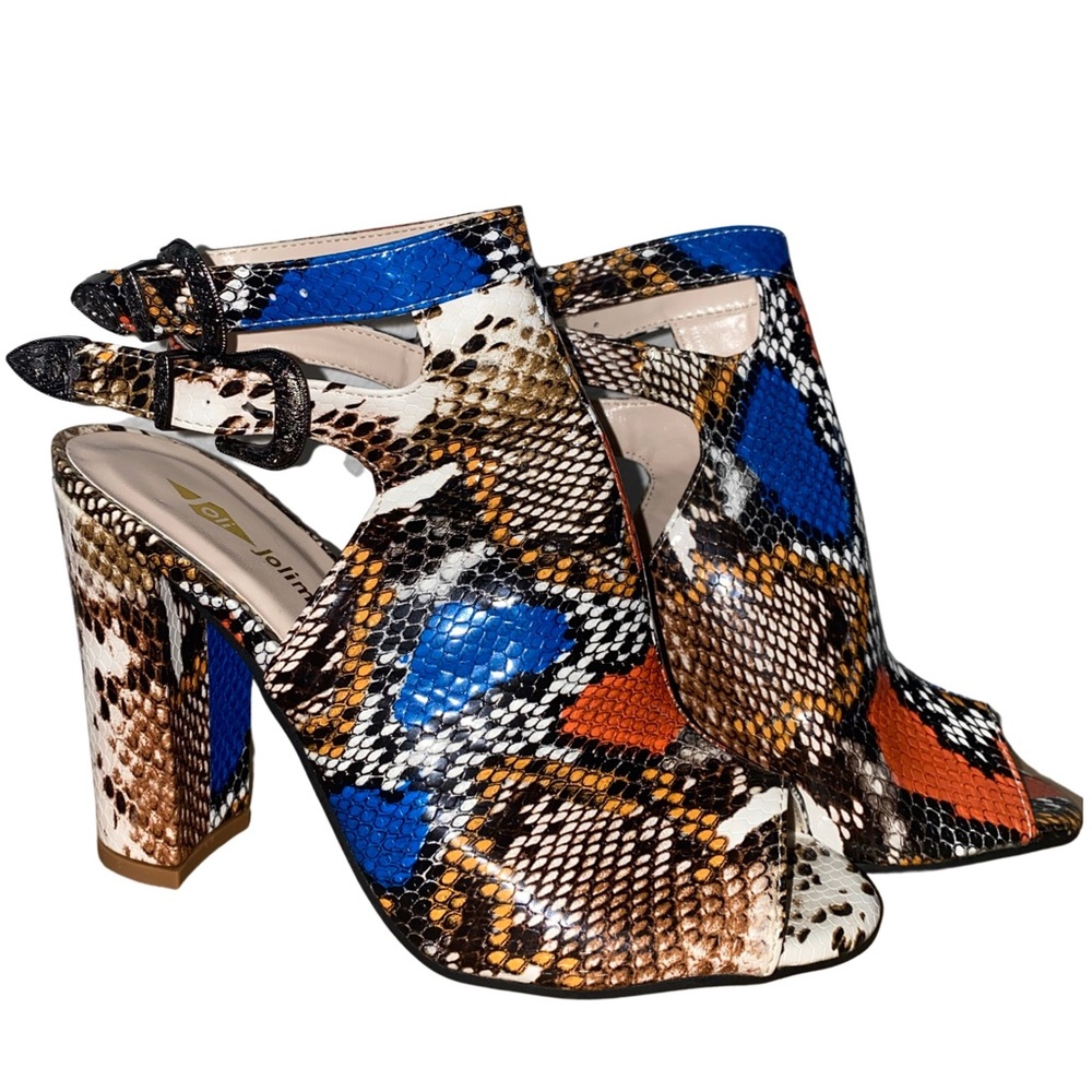Multi-Colored Snakeskin Open-Toe Booties - image 2